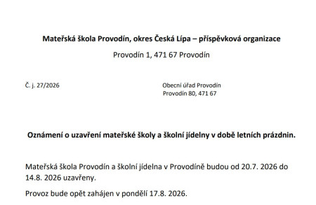 Provoz MŠ o prázdninách 
